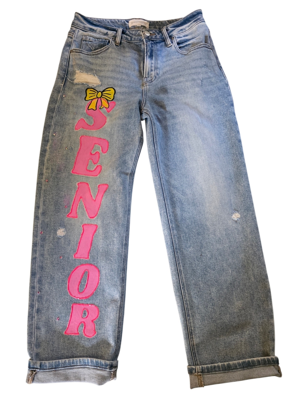 Light Wash Boyfriend Jeans with Pink 'SENIOR' Lettering